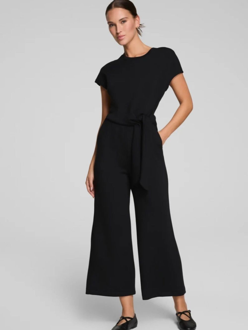 SPANX AirEssentials Tie Waist Very Black Wide-Leg Jumpsuit Petite XS Travel